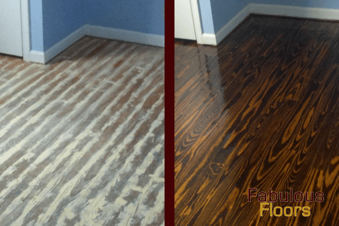 A before and after shot of a hardwood floor refinishing in Cullman, AL
