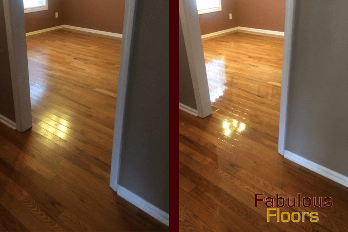 before and after photo of a resurfaced hardwood floor in Scottsboro, AL
