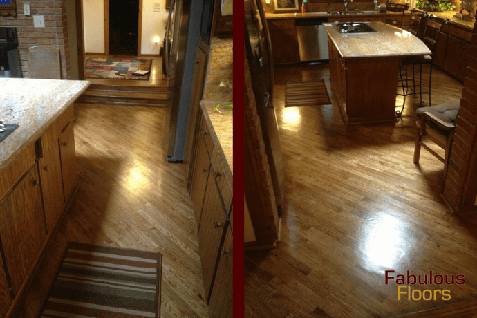before and after of a hardwood resurfacing job in a concord kitchen
