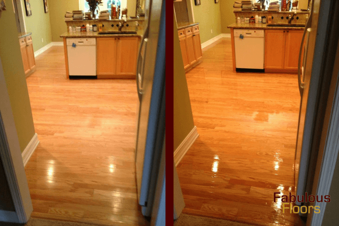 before and after hardwood refinishing in a jemison kitchen